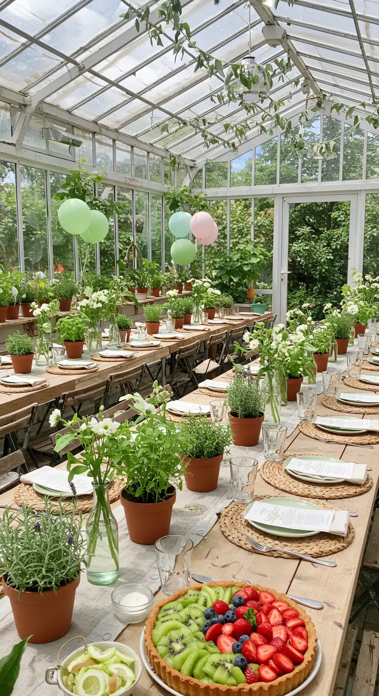 Longue table de réception dans une serre, décorée de petites plantes en pots et de fleurs blanches.