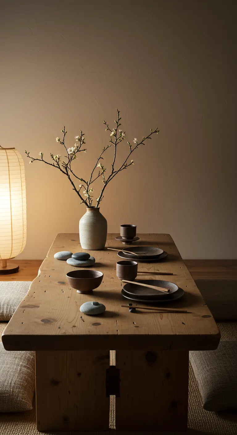 Table basse d'inspiration japonaise avec branche fleurie et galets.