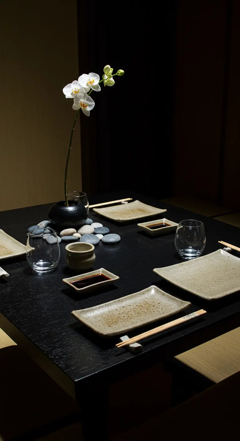 Table japonaise minimaliste avec une orchidée, des galets et de la vaisselle en grès.