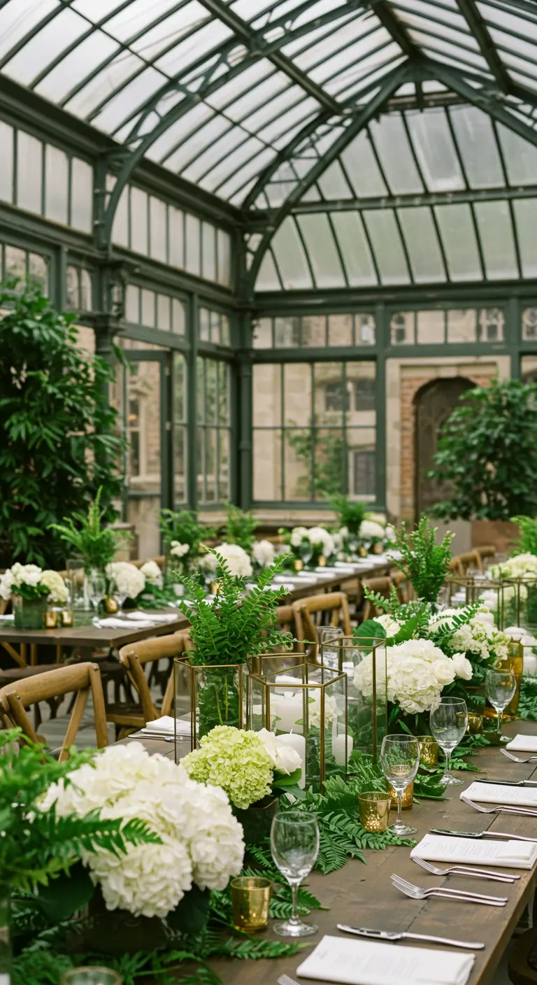 Table de réception dans une serre, décorée de fougères, d'hortensias blancs et de lanternes dorées.