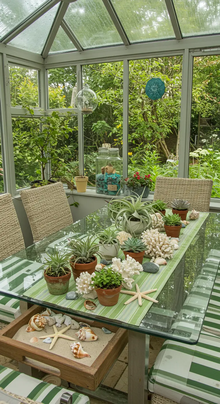 Table en verre dans une serre avec un centre de table composé de succulentes, de corail et d'étoiles de mer.