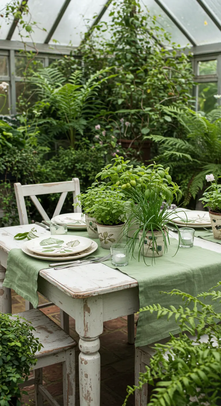 Table blanche patinée dans une serre, entourée de plantes.