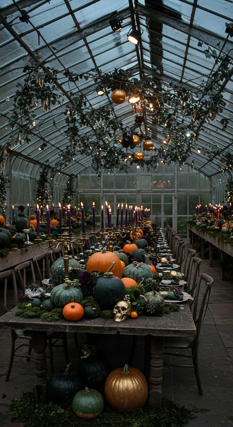 Table dans une serre avec citrouilles, lierre, mousse et chandeliers sombres