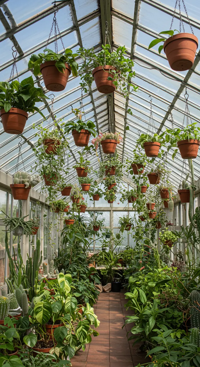 Nombreux pots en terre cuite suspendus avec diverses plantes vertes et cactus dans une serre luxuriante.
