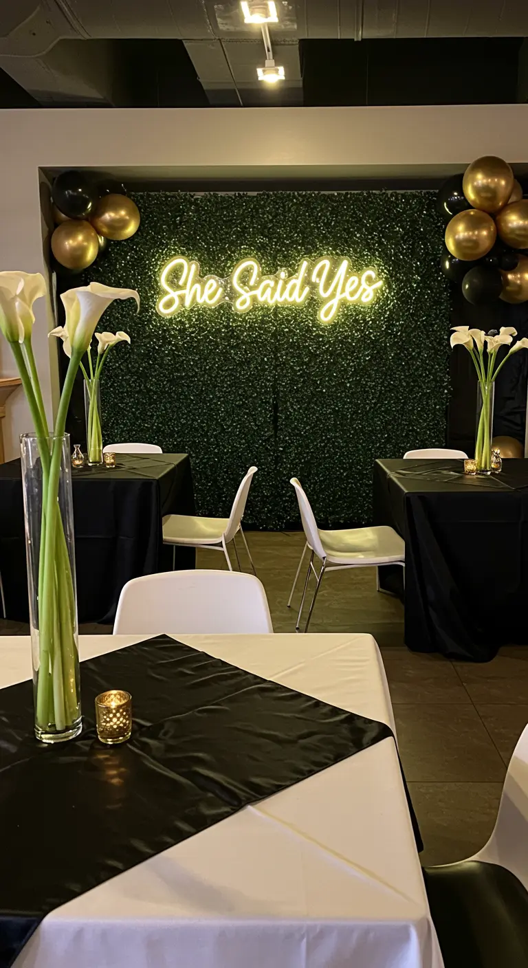 Décor de fiançailles avec un mur de verdure et un néon « She Said Yes ».