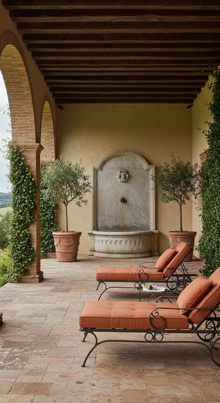 Véranda toscane avec fontaine en pierre, chaises longues et piliers en brique.