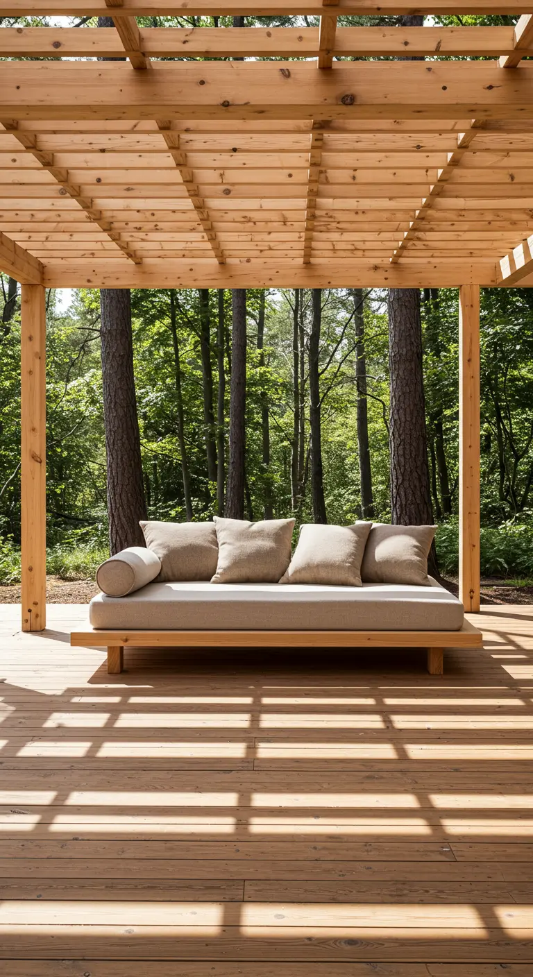 Pergola en bois clair dans une forêt, abritant un lit de repos minimaliste.