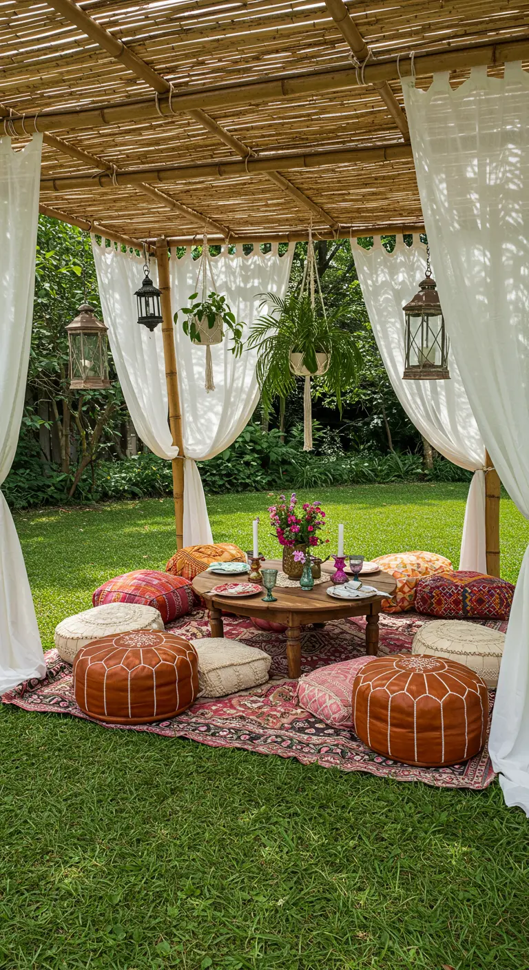 Pique-nique bohème sous une pergola en bambou avec rideaux et coussins