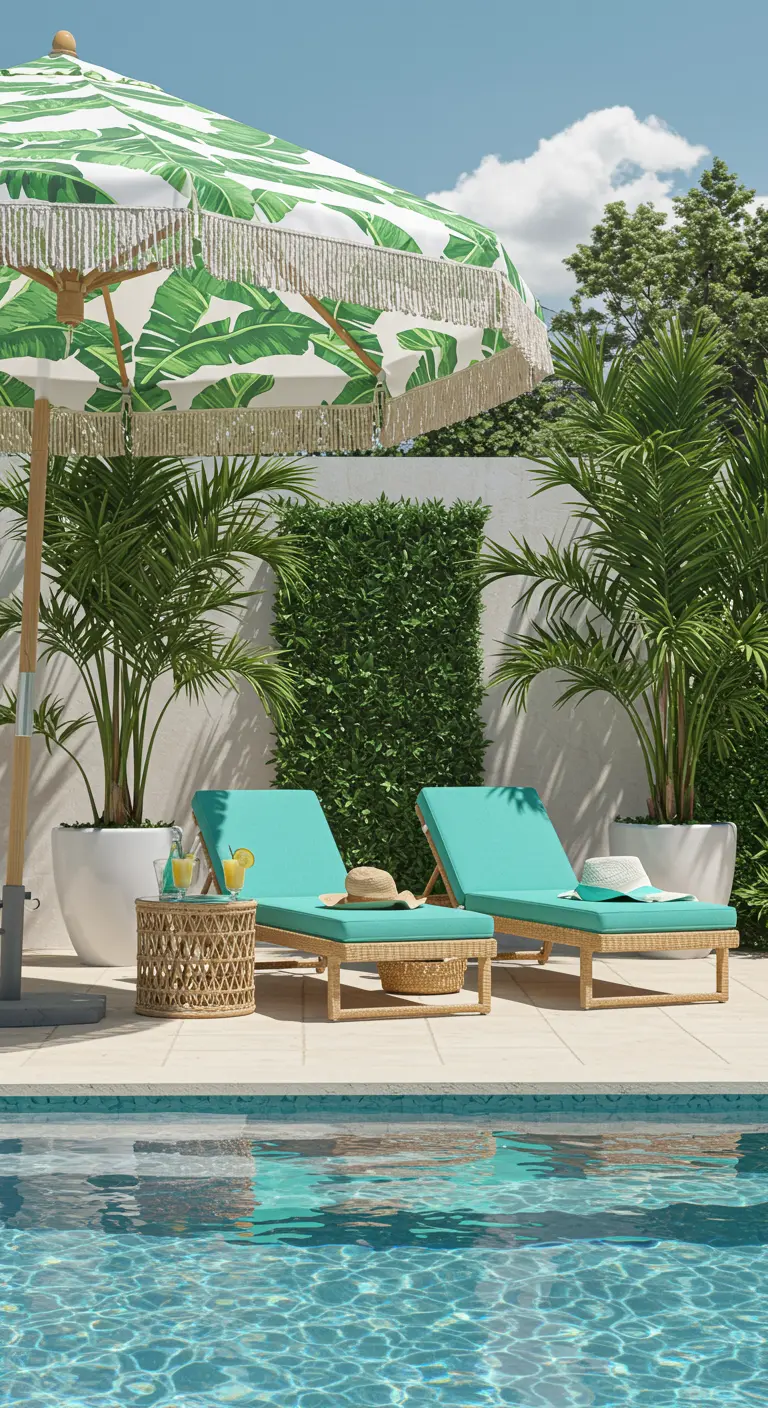 Chaises longues turquoise au bord d'une piscine avec un grand parasol à motif de feuilles de bananier.