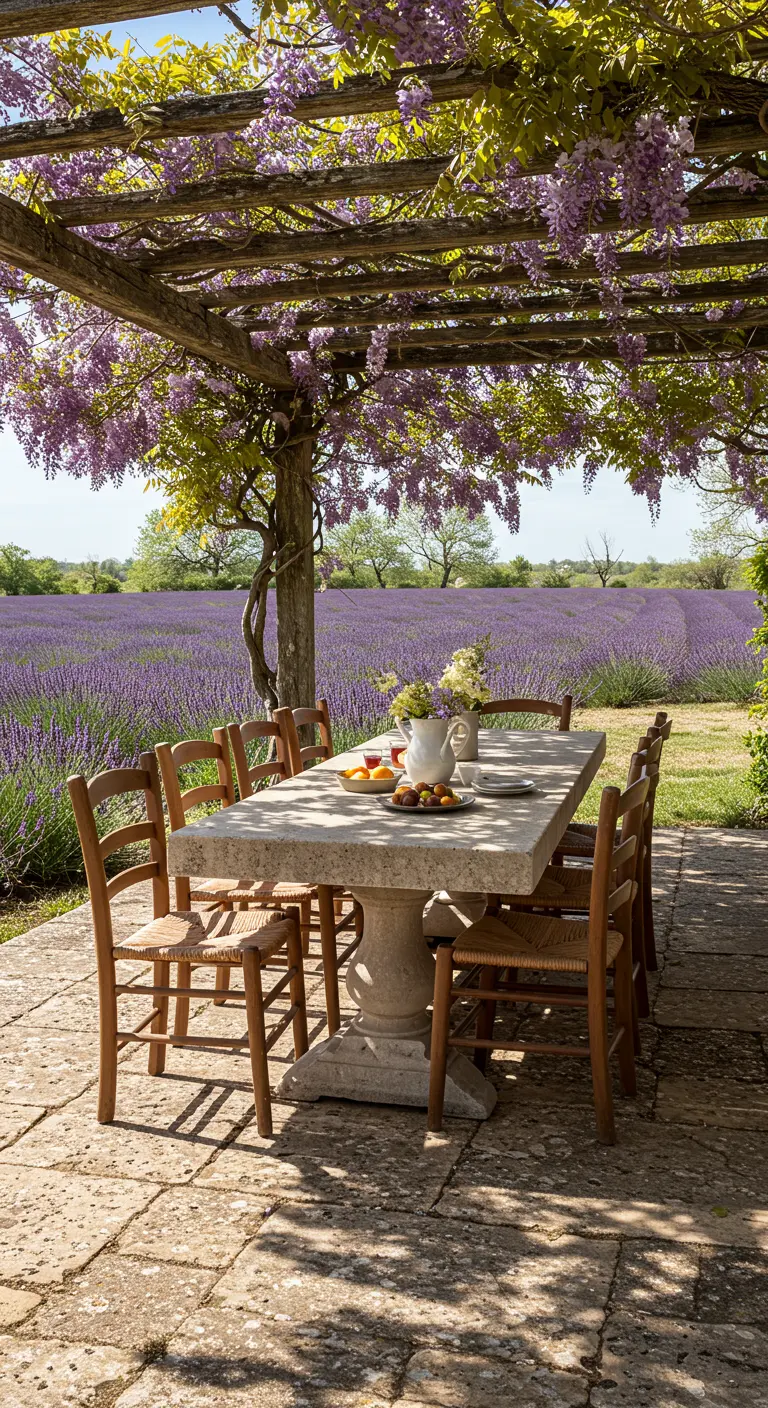 Table en pierre sous une pergola de glycine, avec vue sur un champ de lavande.