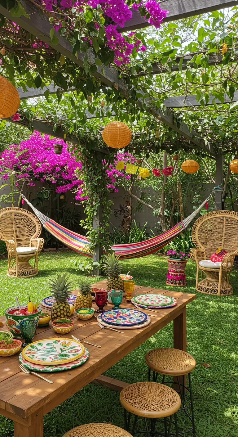Table de jardin colorée, chaises en rotin et hamac sous une pergola.
