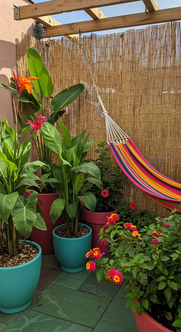 Coin de balcon tropical avec des cannas, un hamac coloré et un paravent en bambou.