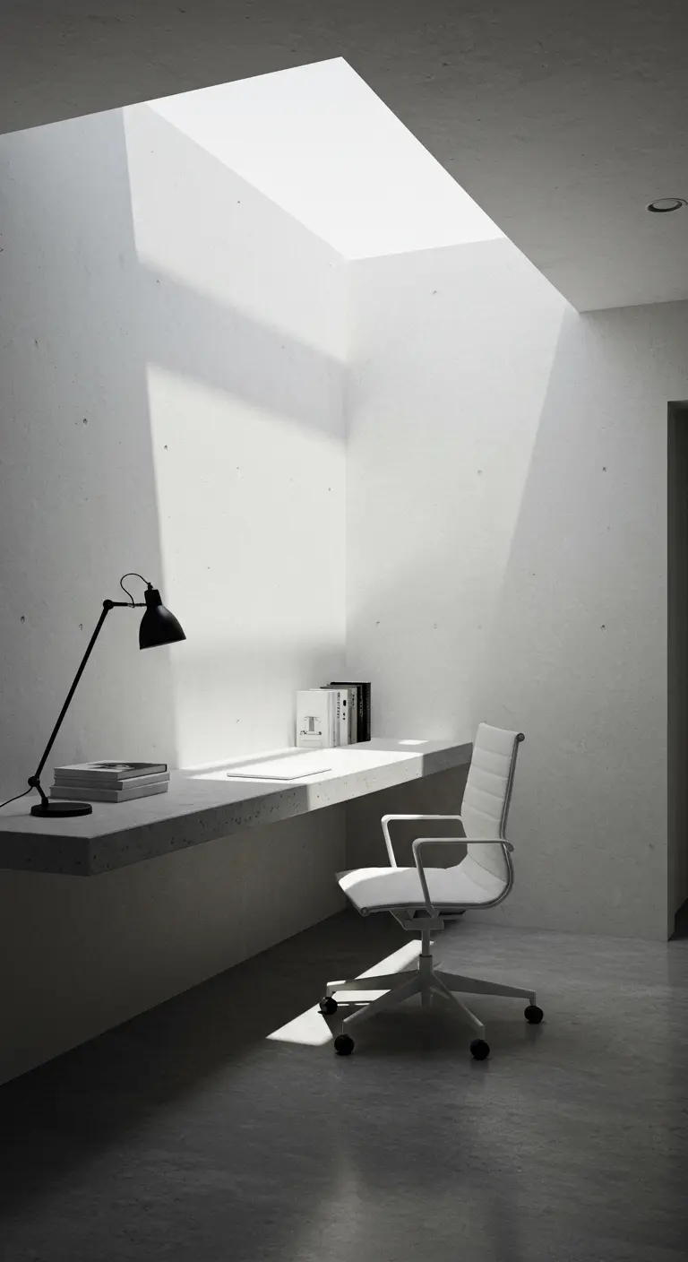 Bureau flottant en béton blanc sous un puits de lumière, chaise blanche design.