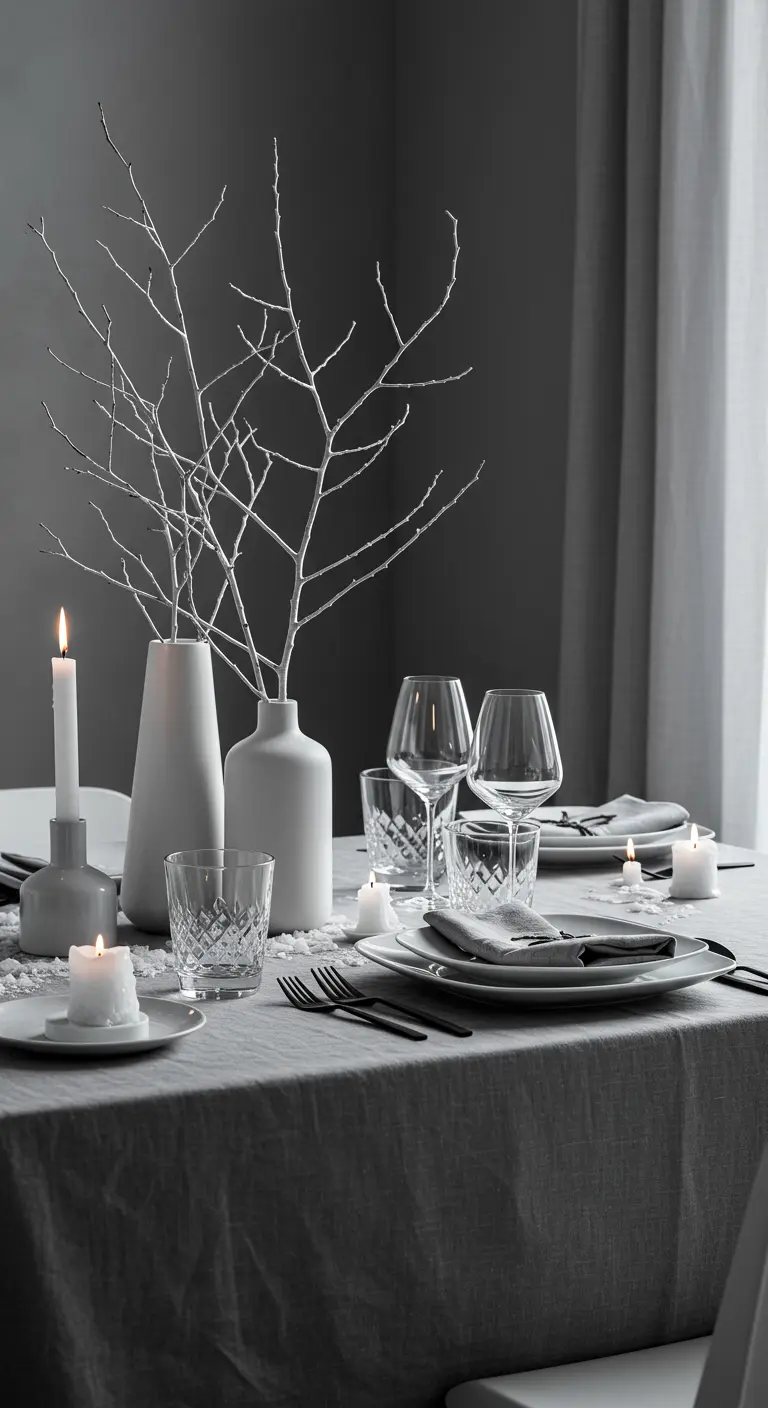 Table de réveillon minimaliste scandinave avec des branches blanches.