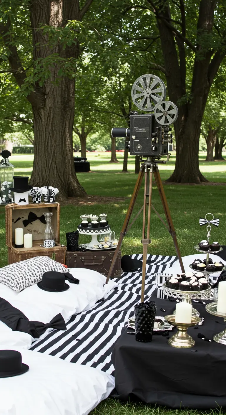 Pique-nique cinéma en noir et blanc avec une caméra vintage et des coussins rayés.