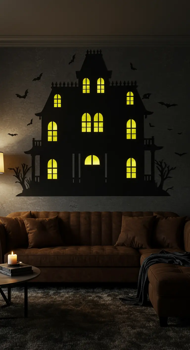 La silhouette noire d'une maison hantée sur un mur, avec des fenêtres jaunes lumineuses.