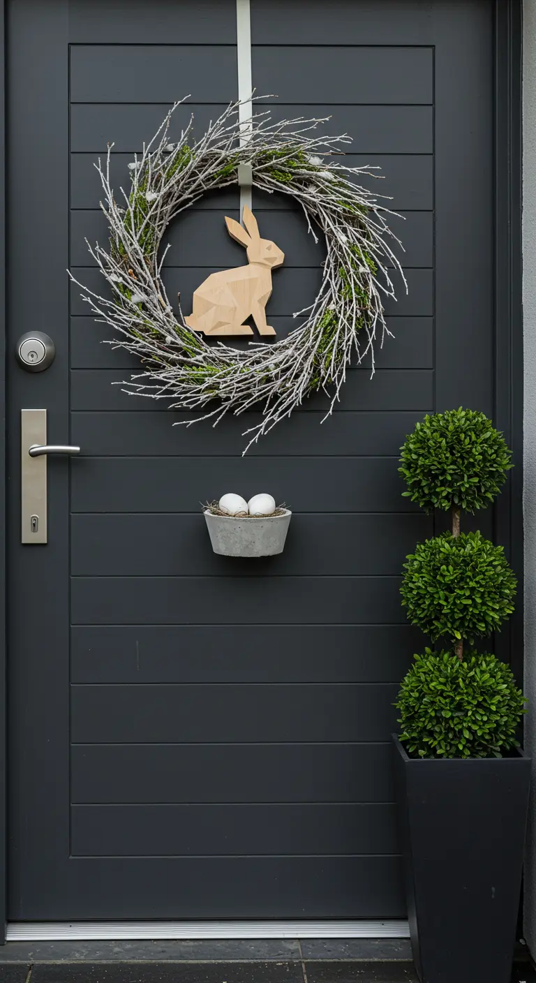 Couronne de branchages blancs avec lapin en bois sur une porte grise.