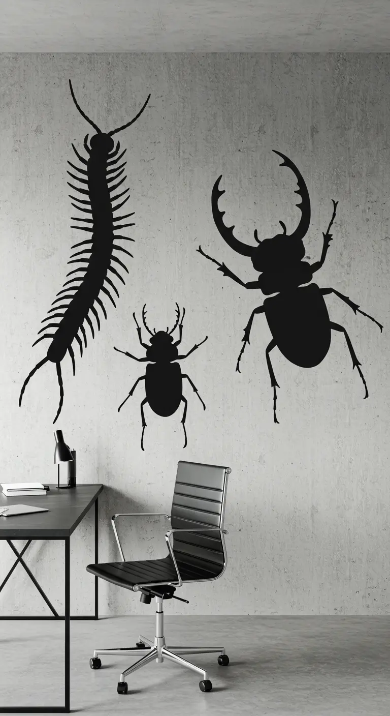 Trois grandes silhouettes noires d'insectes (mille-pattes, scarabée) sur un mur en béton dans un bureau.