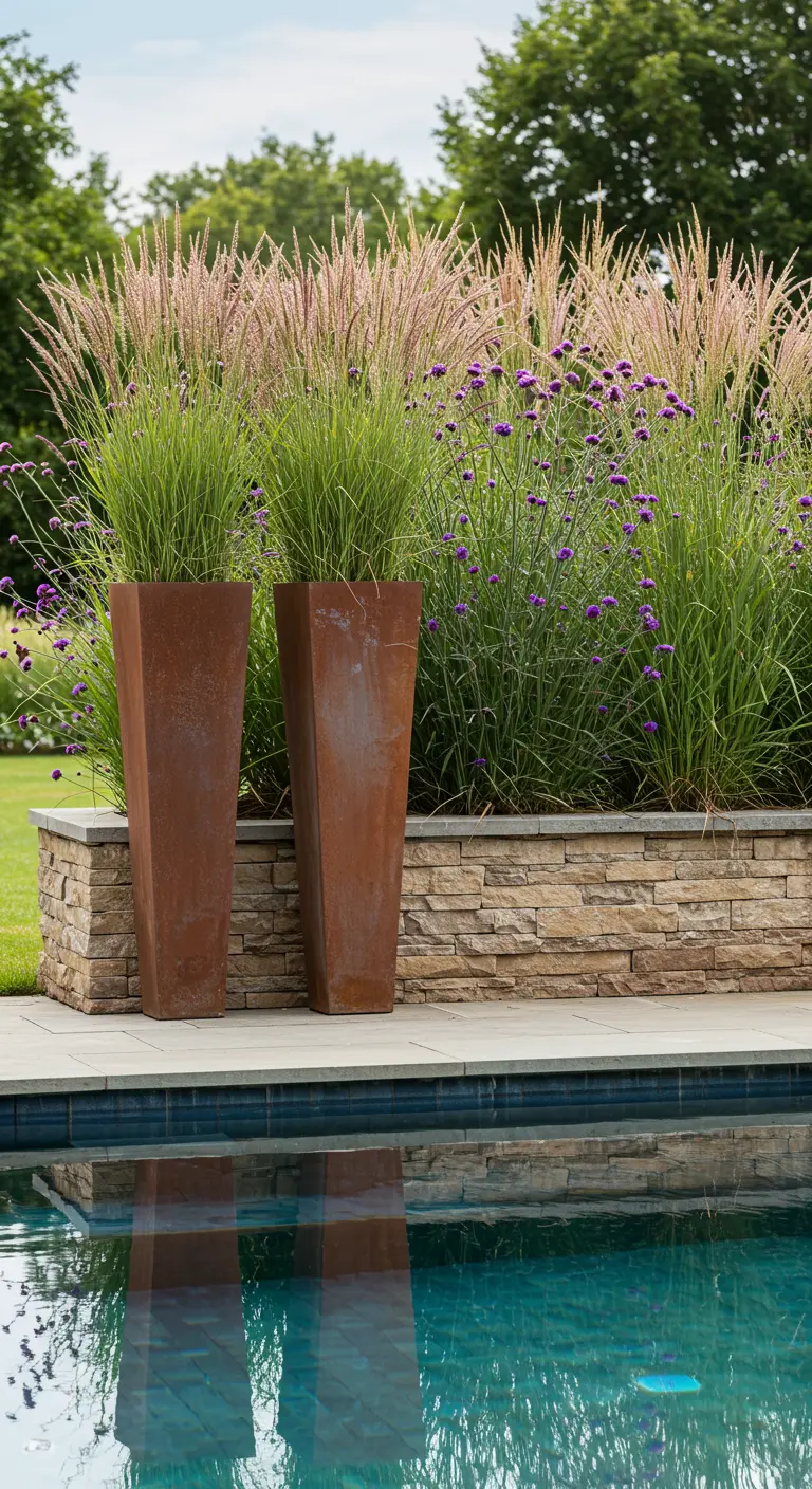 Deux hautes jardinières en acier Corten avec des graminées près d'une piscine.