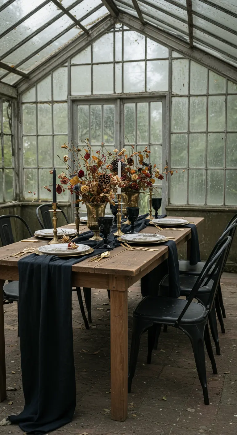 Table rustique dans une véranda avec des bouquets de fleurs et branches séchées.