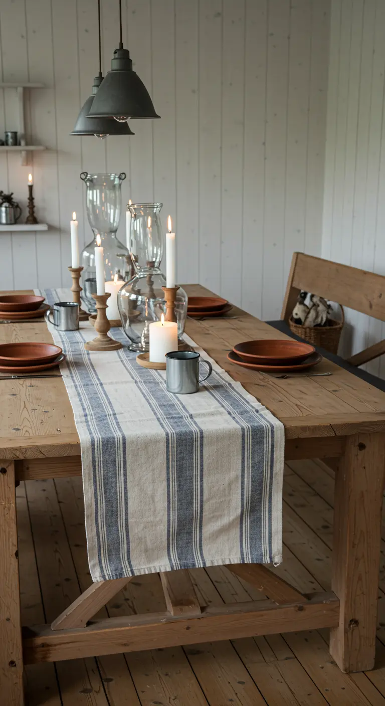 Chemin de table en lin rayé bleu et blanc, bougies et carafes en verre sur table en bois clair