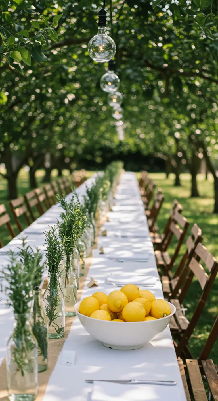 Longue table blanche décorée de branches de romarin et d'un grand bol de citrons.