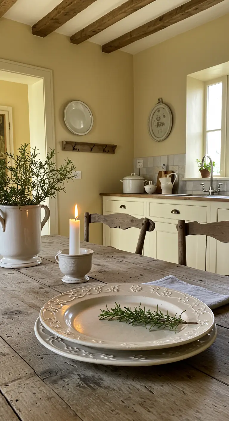 Branche de romarin sur une assiette en céramique à côté d'une bougie allumée.