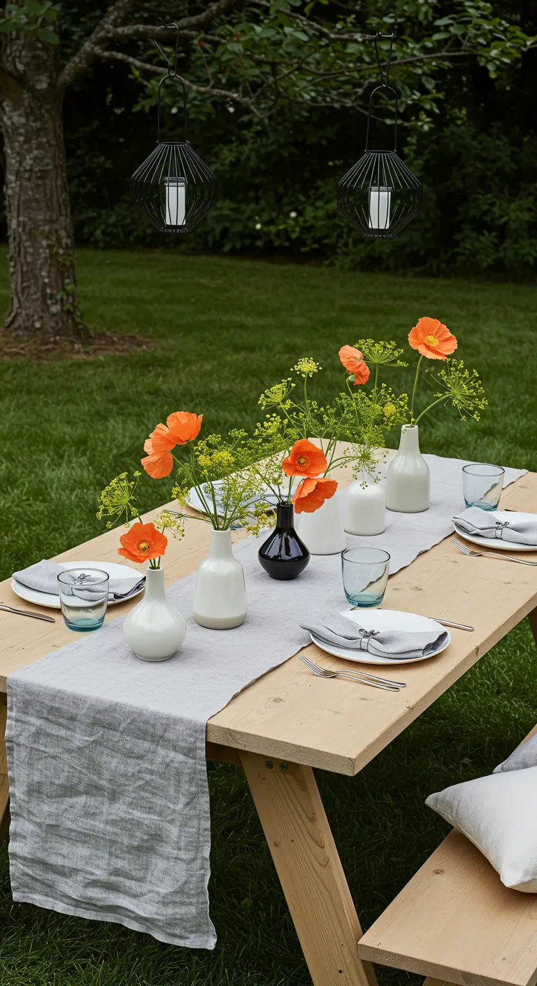 Table de pique-nique en bois avec un chemin de table gris et de petits vases contenant des coquelicots.