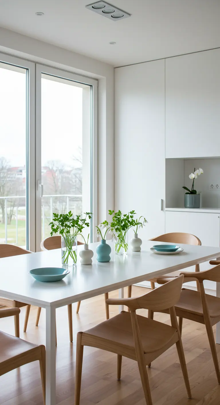 Table minimaliste scandinave avec persil frais et perce-neige dans des vases variés.