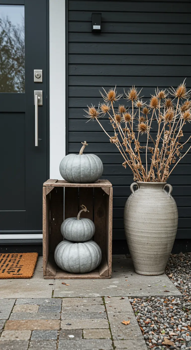 Entrée minimaliste avec des citrouilles grises sur une caisse et un vase de chardons séchés.