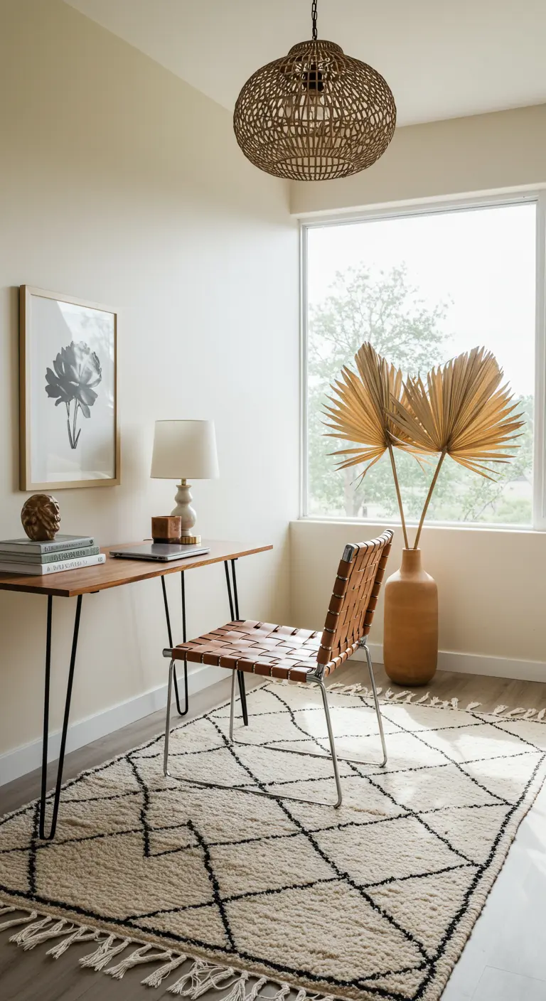 Bureau épuré avec chaise en cuir tressé, tapis berbère et feuilles de palmier séchées.