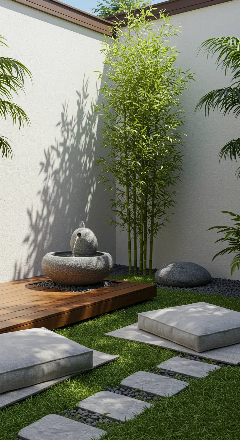 Jardin minimaliste avec bambou, fontaine de pierre, pas japonais et coussins de sol sur gazon.