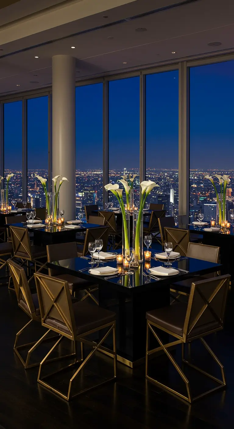 Restaurant chic avec vue sur la ville la nuit, tables noires et chaises design dorées.