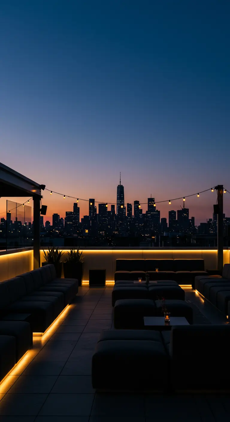 Rooftop moderne avec canapés bas, éclairage LED intégré et vue imprenable sur la skyline d'une ville.