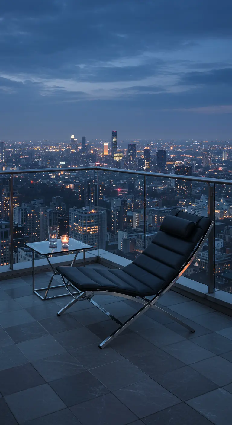 Chaise longue de designer noire et chrome sur un balcon avec vue nocturne.