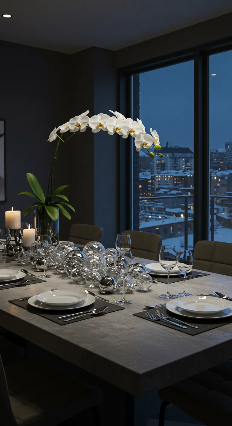 Table moderne avec une orchidée blanche et une grappe de boules argentées, vue sur la ville.