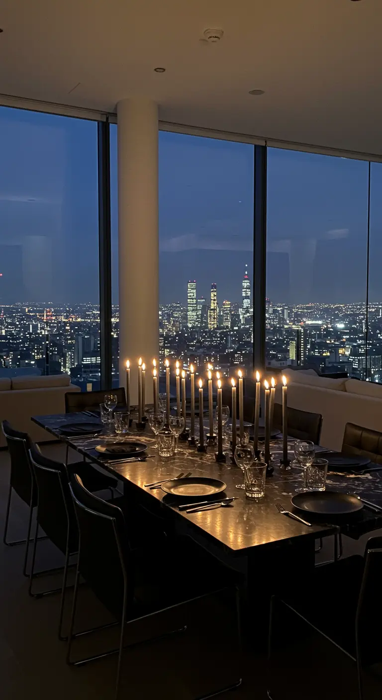 Table de dîner moderne avec de nombreuses bougies noires surplombant une vue de ville nocturne.