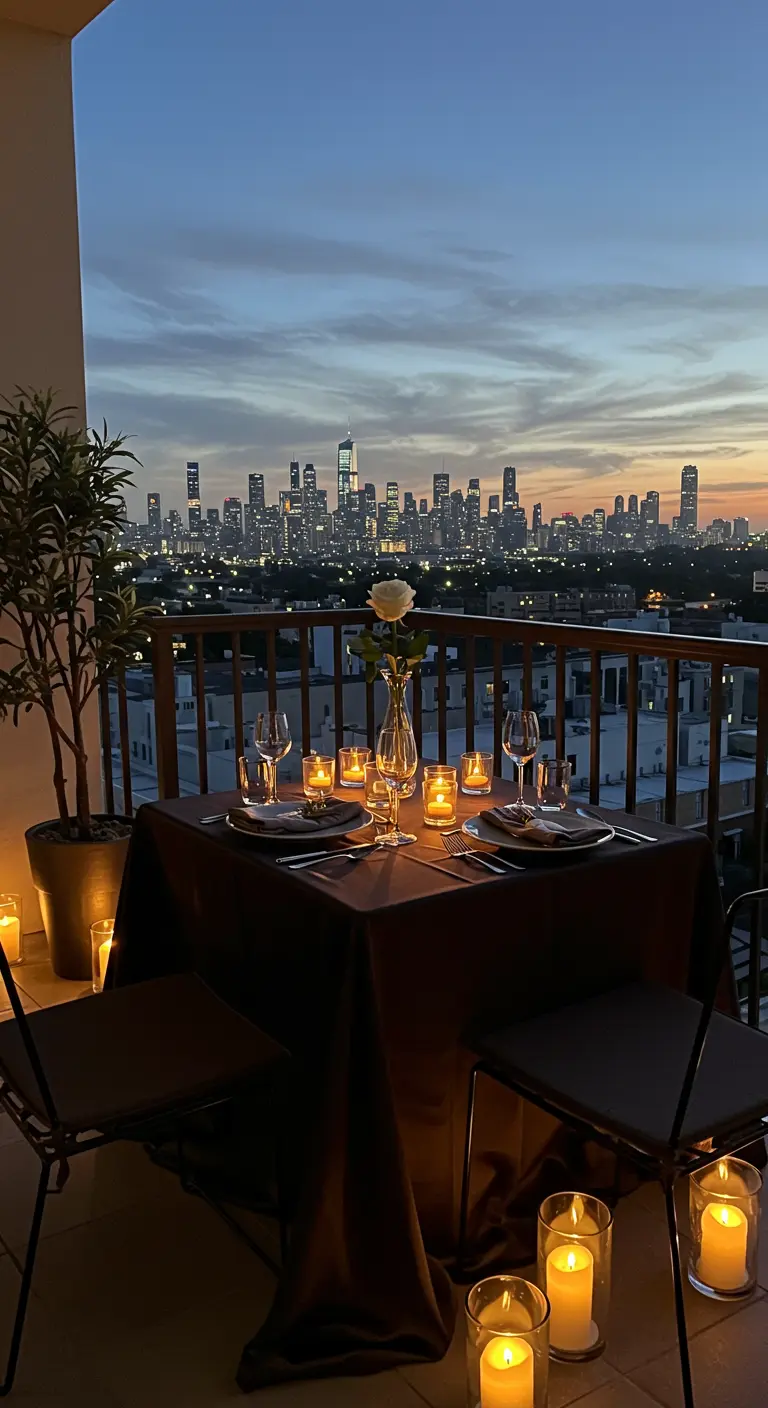 Dîner romantique sur un balcon avec vue sur une ville illuminée au crépuscule.