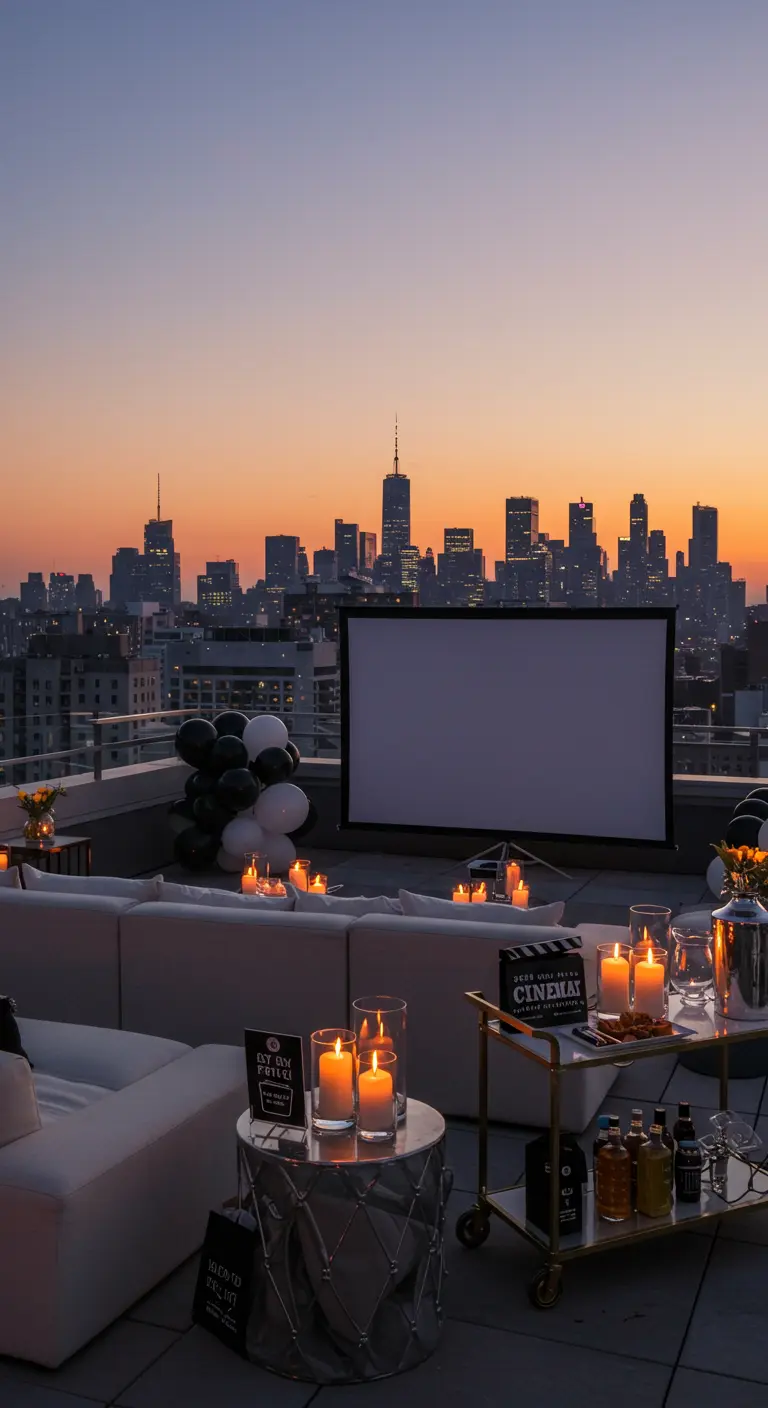 Cinéma chic sur un rooftop avec vue sur la ville, canapés blancs et bougies.