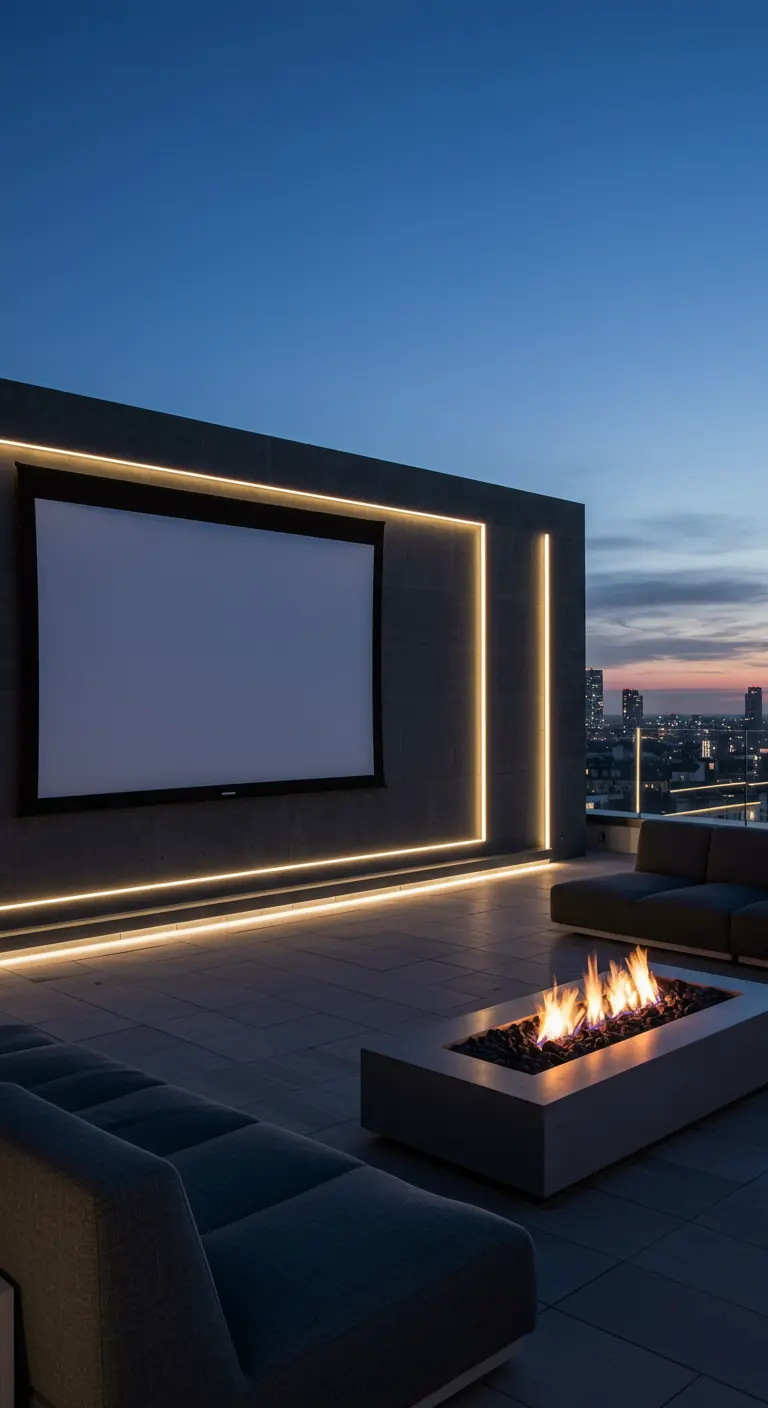 Terrasse sur le toit avec écran, brasero et éclairage LED intégré.