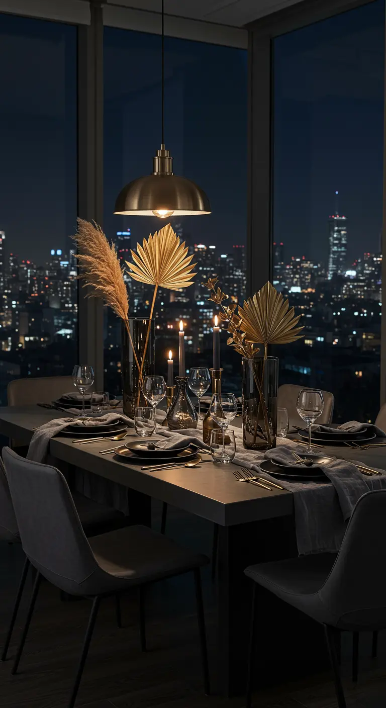 Table moderne avec vue sur la ville, vases hauts avec des feuilles de palmier dorées.