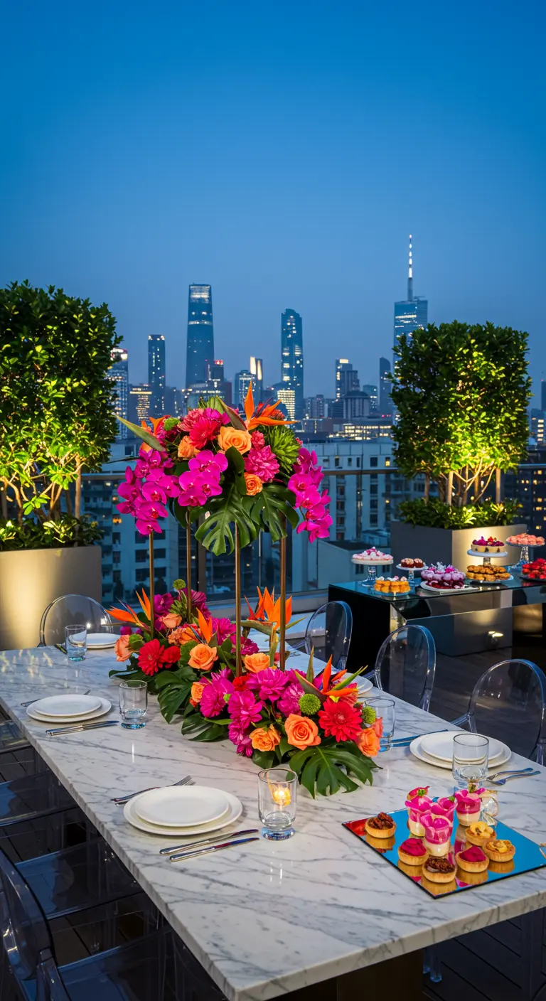 Centre de table tropical vibrant sur une table en marbre, avec skyline urbaine en arrière-plan au crépuscule.