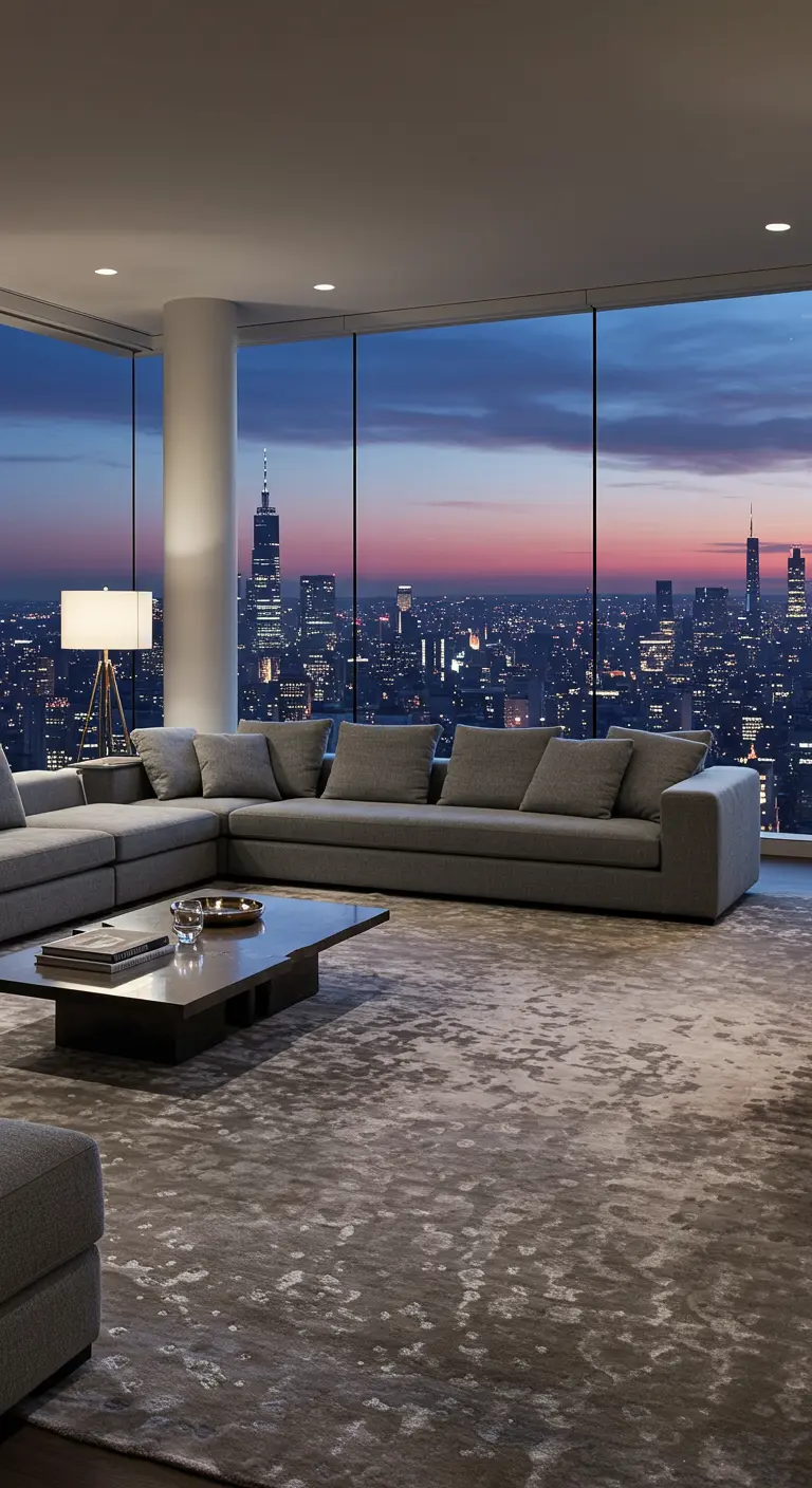 Grand canapé gris sur un tapis abstrait gris dans un penthouse avec vue sur la ville.