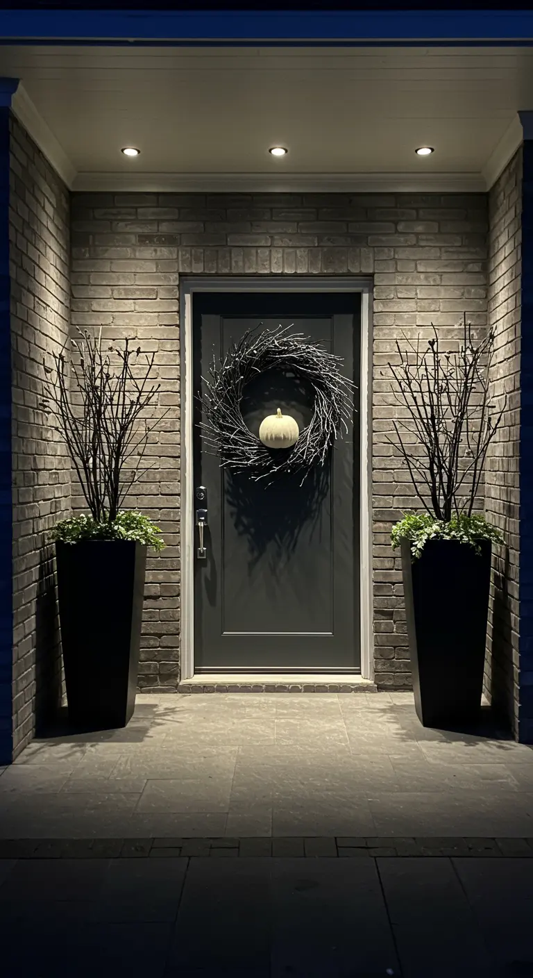 Porte d'entrée moderne avec couronne de brindilles et citrouille blanche.