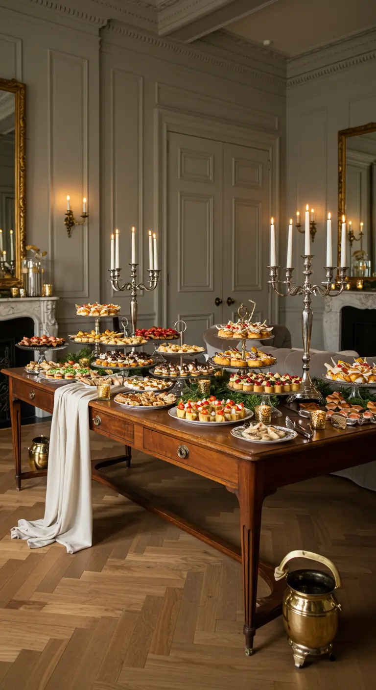 Buffet élégant sur table en bois, candélabres argentés, présentation raffinée.