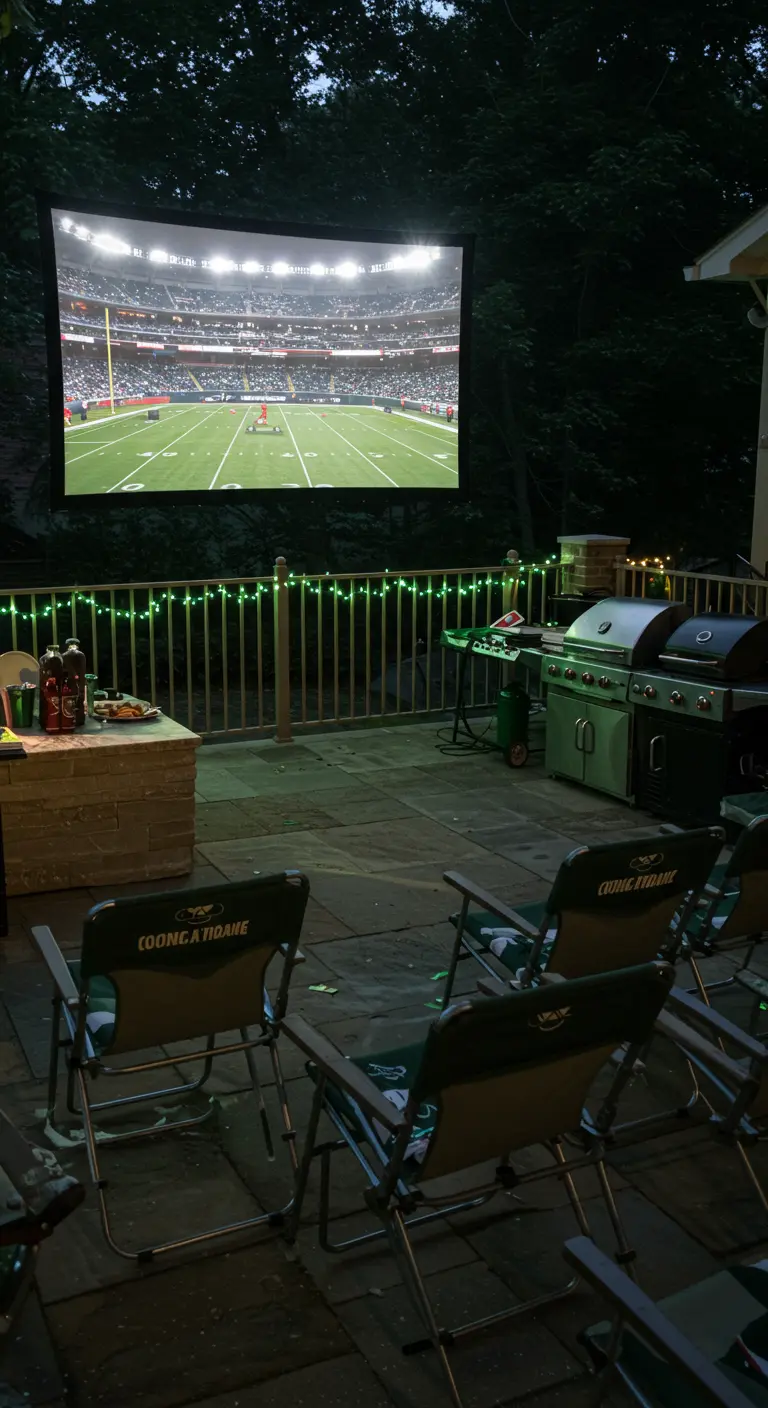 Terrasse avec des chaises de camping et un grand écran diffusant un match de football.
