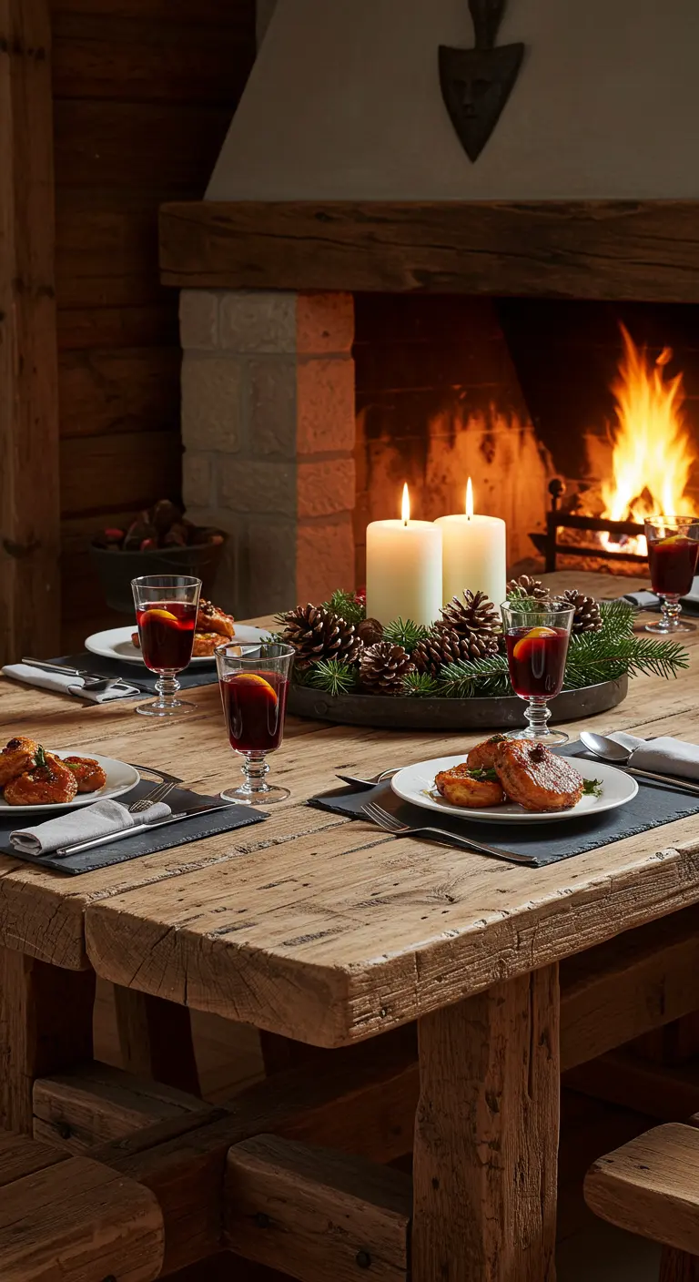 Table de chalet rustique devant une cheminée, avec centre de table de pommes de pin.