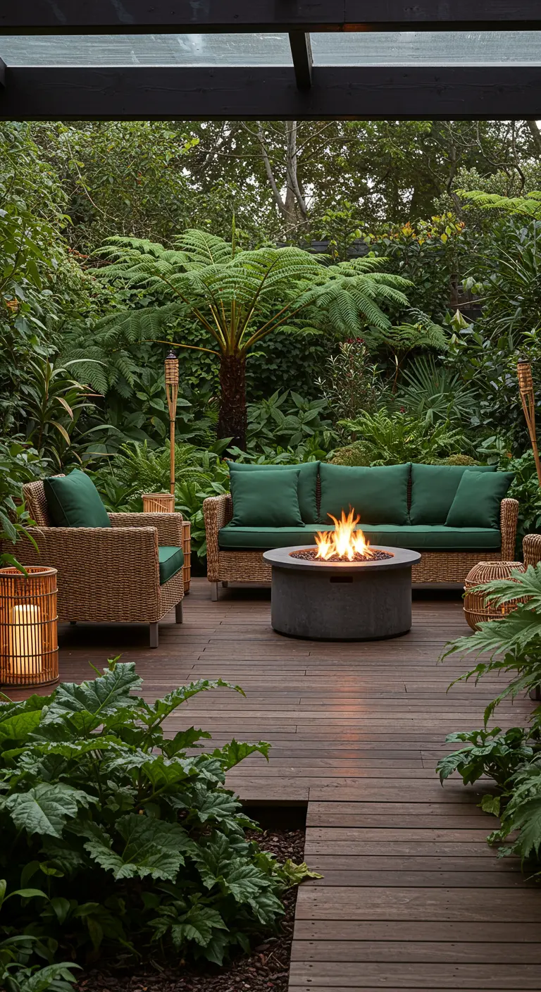 Salon de jardin en rotin avec un brasero central, entouré d'une végétation tropicale dense.
