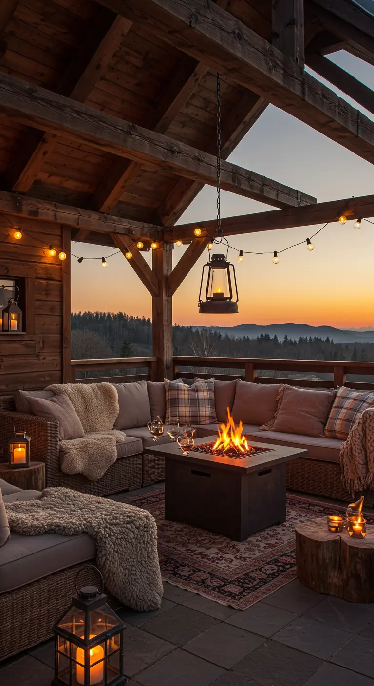 Terrasse couverte en bois avec un braséro, des canapés confortables et des plaids