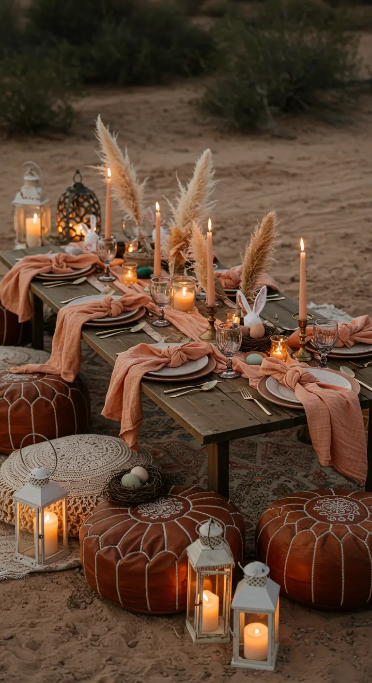 Table de Pâques bohème dans le sable, éclairée par des lanternes, avec des poufs.
